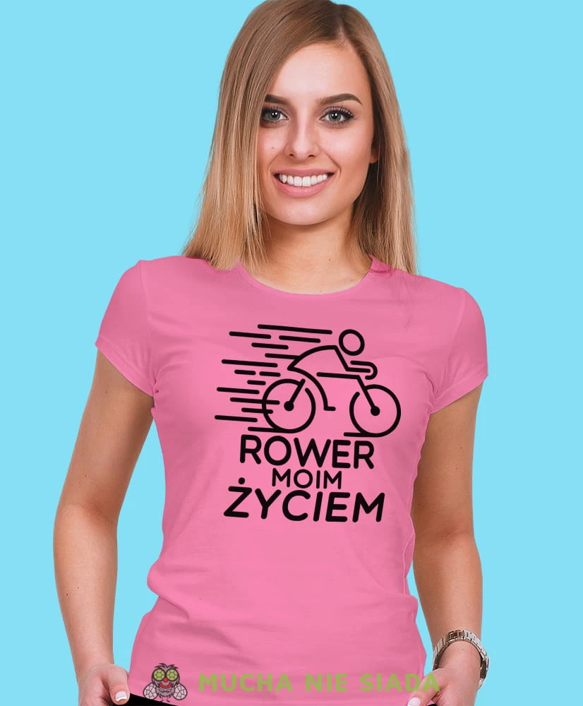 rower moim życiem, różowa damska koszulka rowerowa z nadrukiem, na rower, fajna koszulka dla rowerzystki, na co dzień, na prezent .jpg