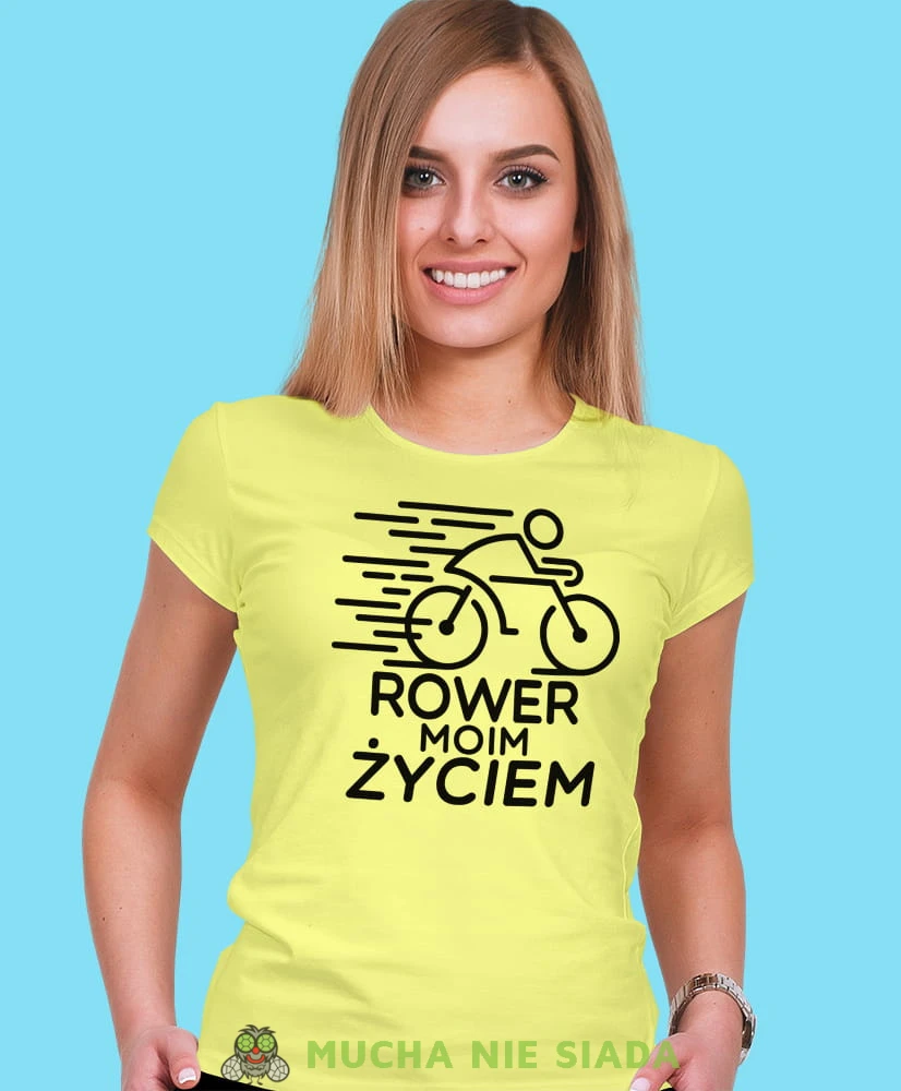 rower moim życiem, żółta damska koszulka rowerowa z nadrukiem, na rower, fajna koszulka dla rowerzystki, na co dzień, na prezent .jpg