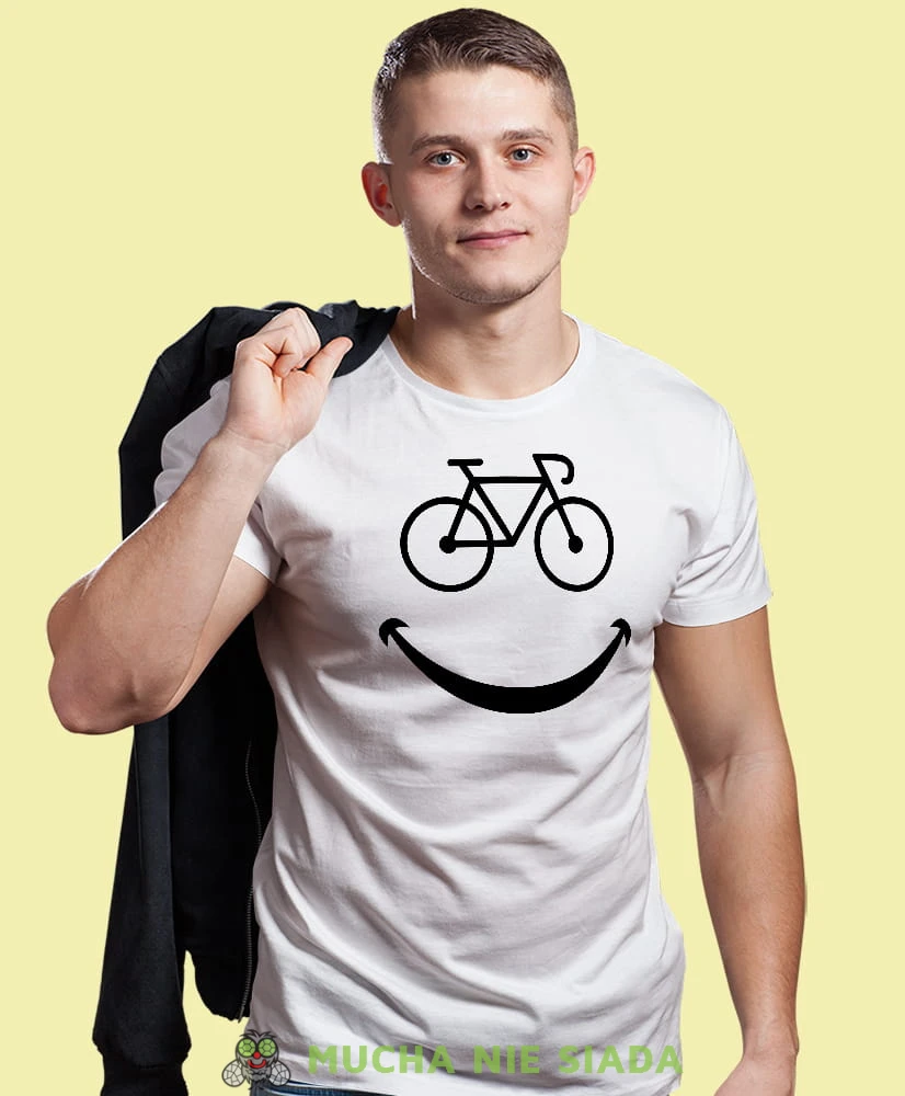 rower uśmiech, biała męska koszulka rowerowa z nadrukiem, na rower, na co dzień, na prezent, fajna koszulka dla chłopaka, rower, rowerzysta.jpg
