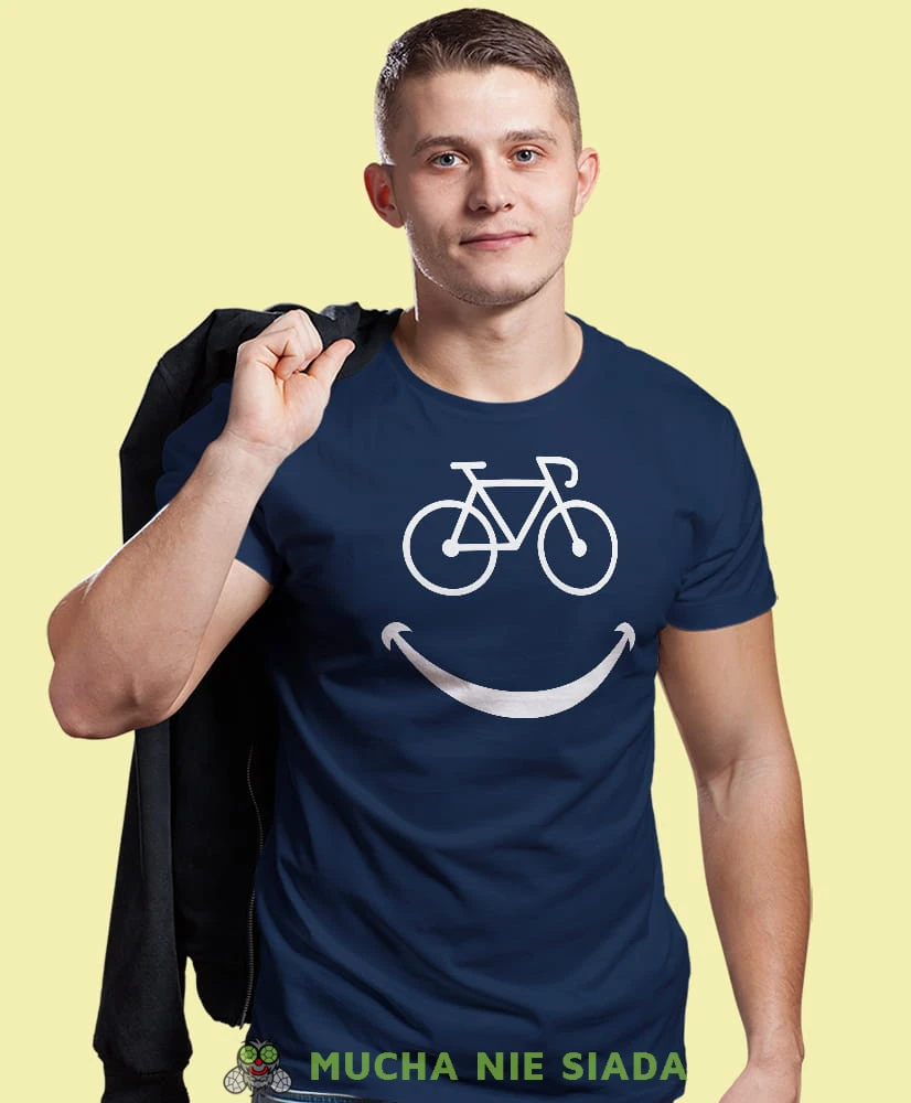 rower uśmiech, granatowa męska koszulka rowerowa z nadrukiem, na rower, na co dzień, na prezent, fajna koszulka dla chłopaka, rower, rowerzysta.jpg