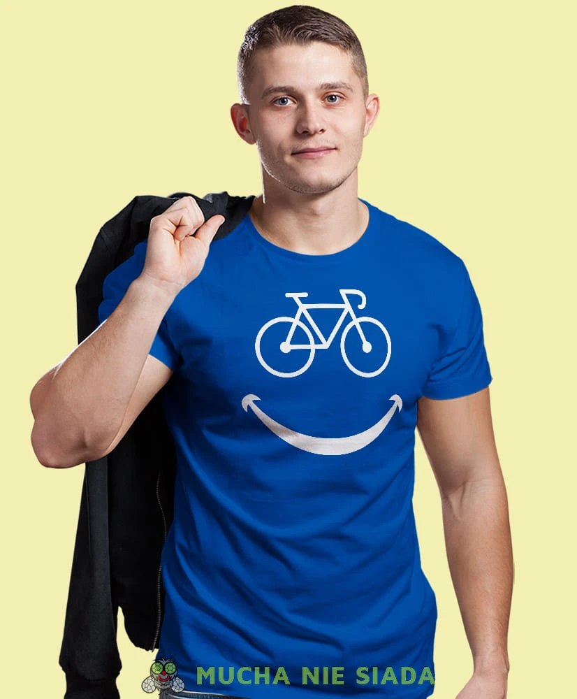 rower uśmiech, niebieska męska koszulka rowerowa z nadrukiem, na rower, na co dzień, na prezent, fajna koszulka dla chłopaka, rower, rowerzysta.jpg