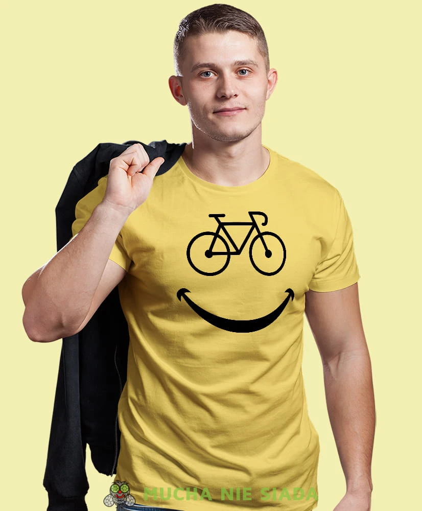 rower uśmiech, żółta męska koszulka rowerowa z nadrukiem, na rower, na co dzień, na prezent, fajna koszulka dla chłopaka, rower, rowerzysta.jpg