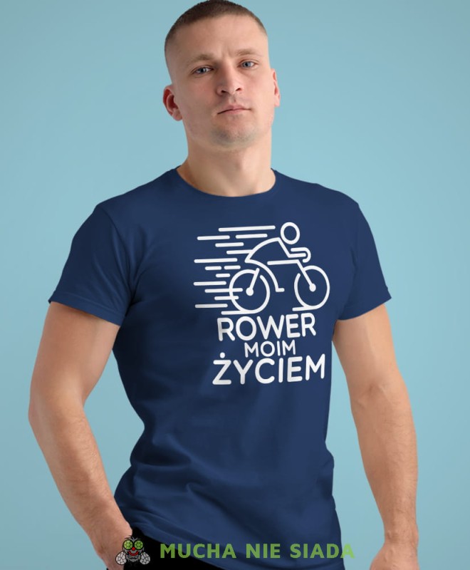 rower moim życiem, granatowa męska koszulka rowerowa z nadrukiem, na rower, na co dzień, na prezent, fajna koszulka dla chłopaka, rower, rowerzysta.jpg