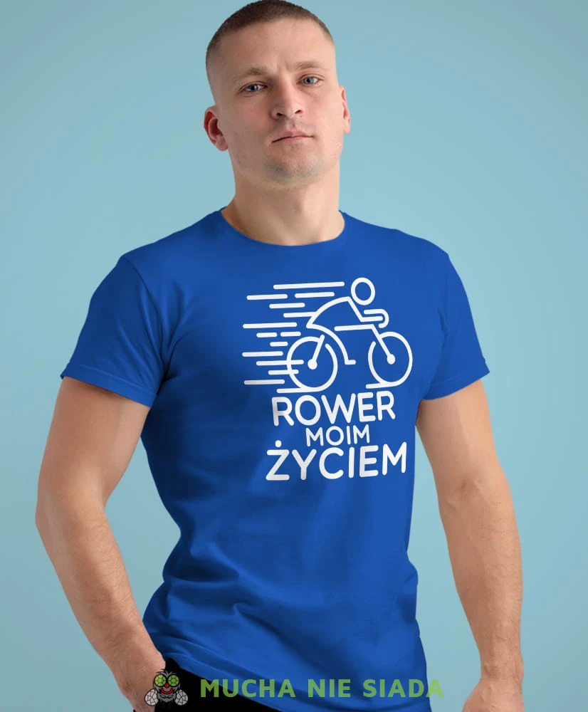 rower moim życiem, niebieska męska koszulka rowerowa z nadrukiem, na rower, na co dzień, na prezent, fajna koszulka dla chłopaka, rower, rowerzysta.jpg