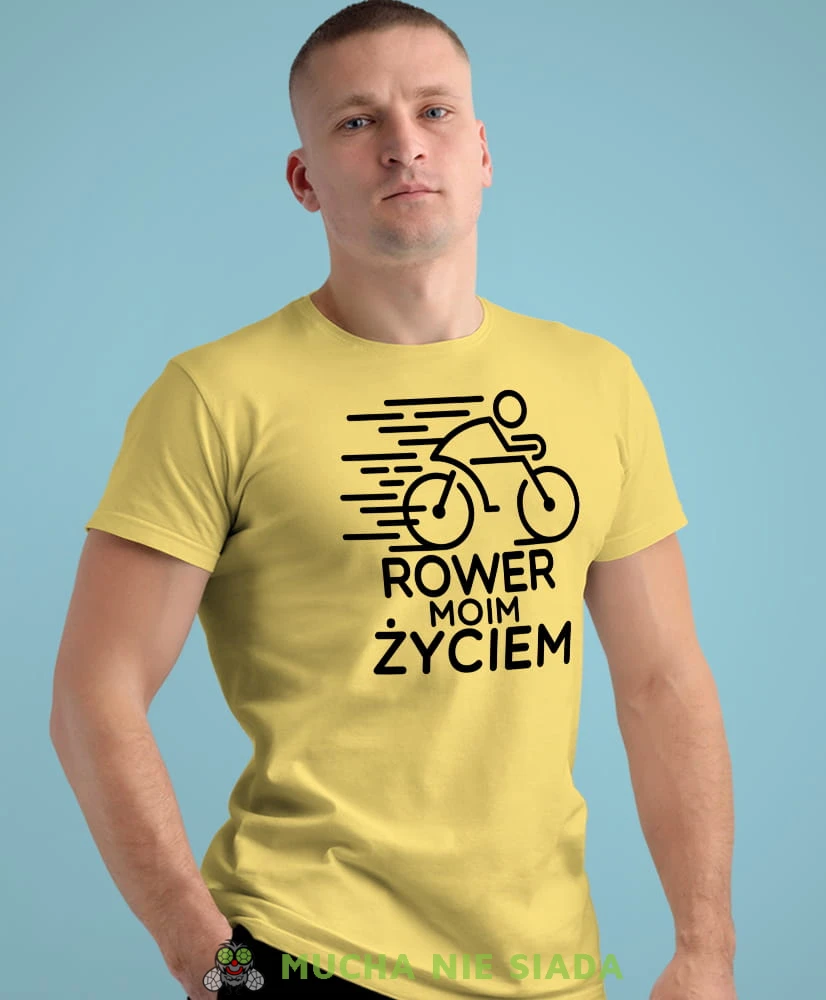 rower moim życiem, żółta męska koszulka rowerowa z nadrukiem, na rower, na co dzień, na prezent, fajna koszulka dla chłopaka, rower, rowerzysta.jpg