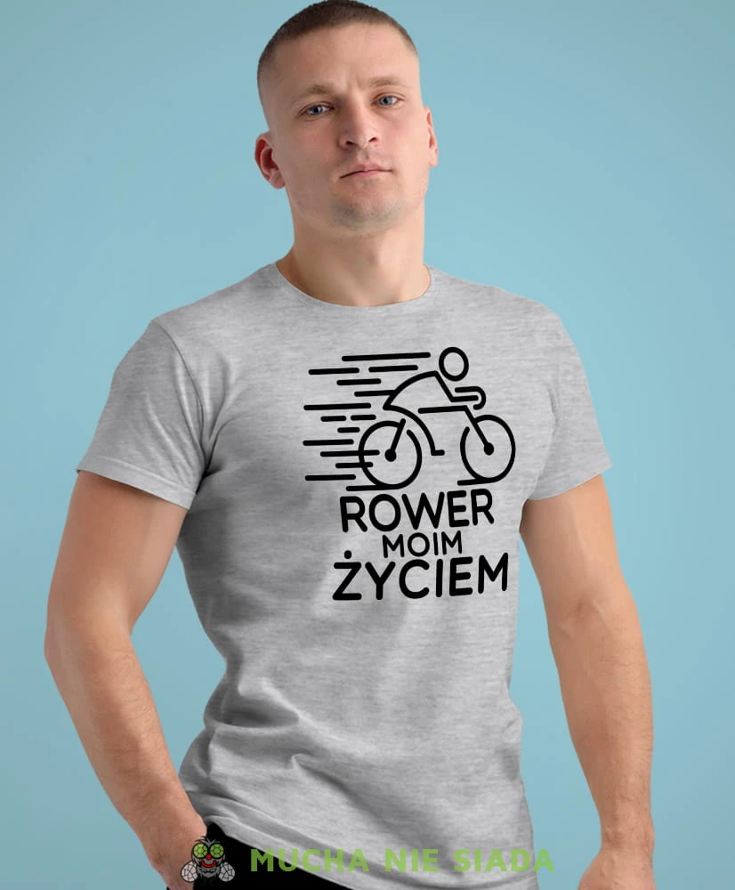 rower moim życiem, szara męska koszulka rowerowa z nadrukiem, na rower, na co dzień, na prezent, fajna koszulka dla chłopaka, rower, rowerzysta.jpg