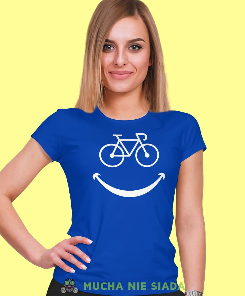rower uśmiech, niebieska damska koszulka rowerowa z nadrukiem, na rower, fajna koszulka dla rowerzystki, na co dzień, na prezent .jpg