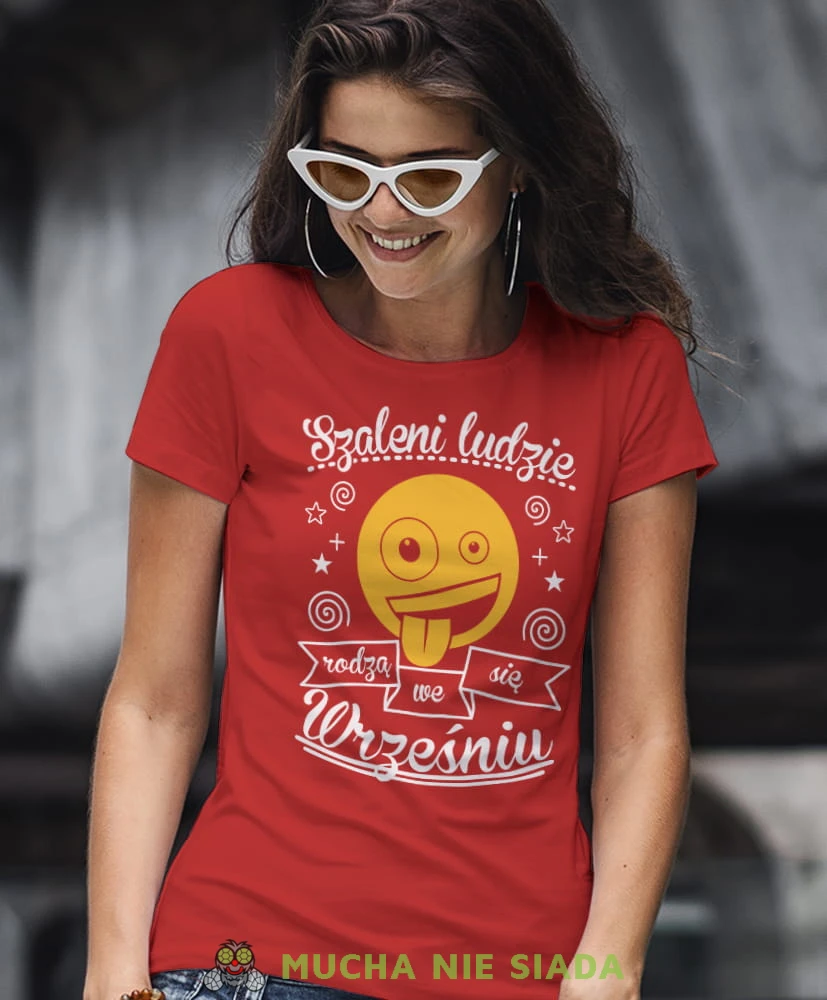 szaleni ludzie rodzą się... czerwona damska koszulka urodzinowa z nadrukiem, na urodziny, na prezent.jpg
