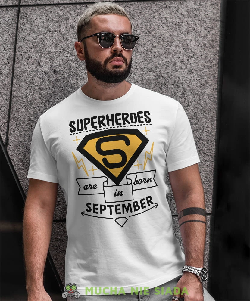 superheroes are born in... biała męska koszulka urodzinowa, na urodziny, na prezent.jpg