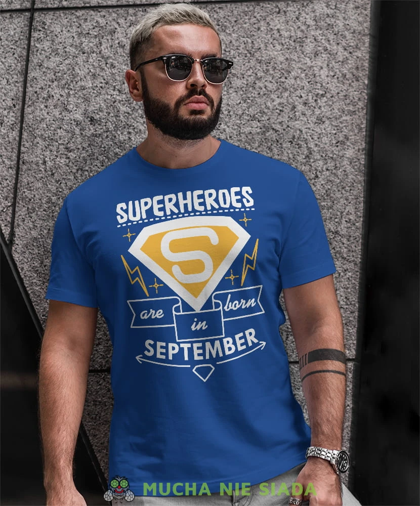 superheroes are born in... niebieska męska koszulka urodzinowa, na urodziny, na prezent.jpg