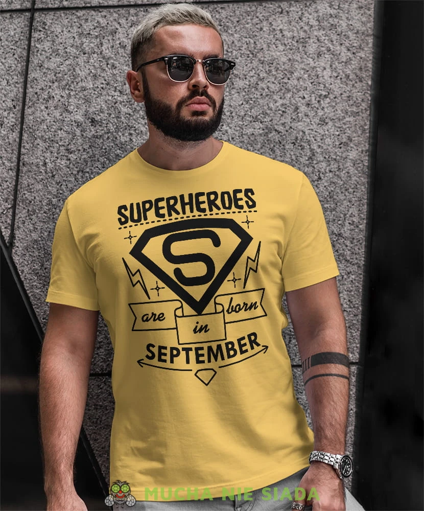 superheroes are born in... żółta męska koszulka urodzinowa, na urodziny, na prezent.jpg