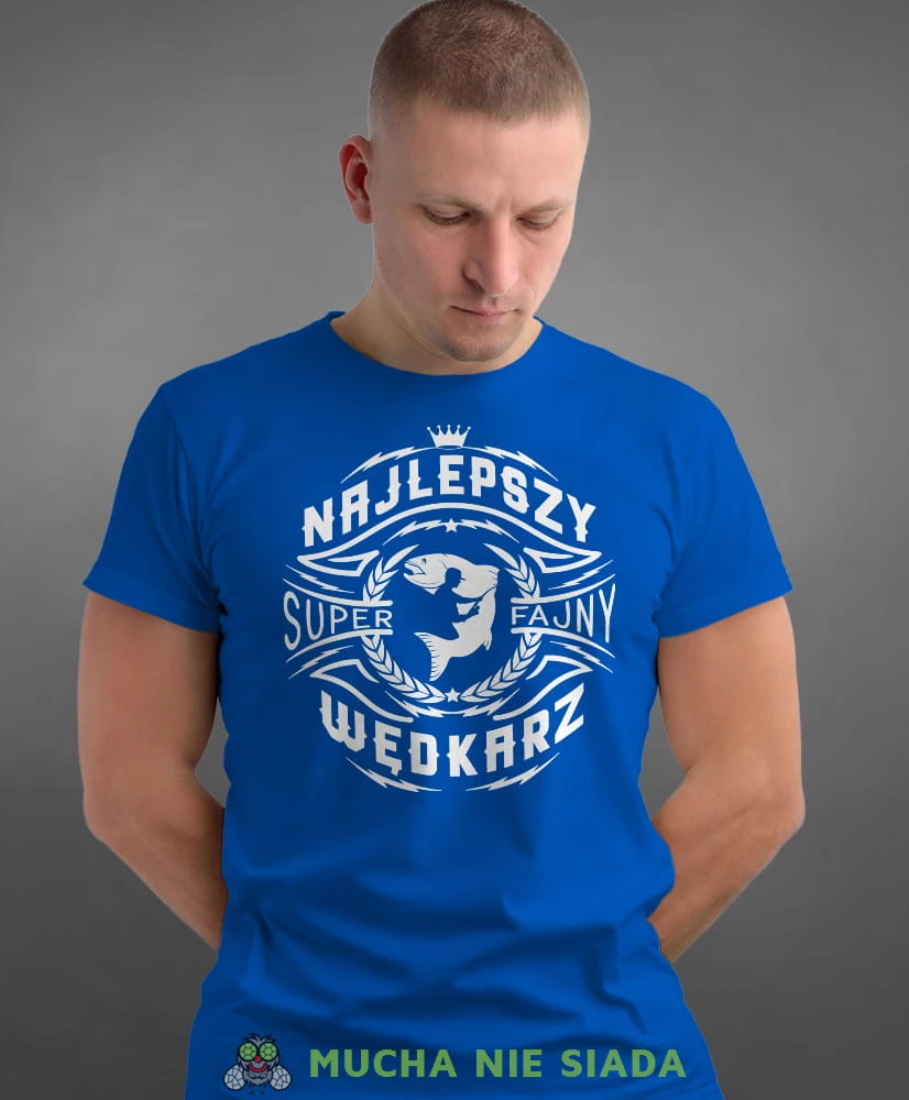 Najlepszy super fajny wędkarz, niebieska męska koszulka z nadrukiem na co dzień, dla wędkarzy, na prezent, fajna koszulka.jpg