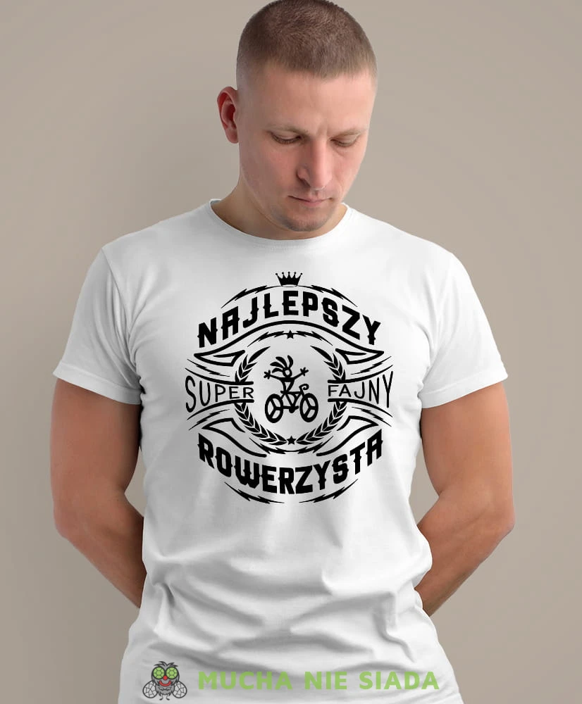 najlepszy super fajny rowerzysta, biała męska koszulka rowerowa z nadrukiem, na rower, na co dzień, na prezent, fajna koszulka dla chłopaka, rower, rowerzysta.jpg
