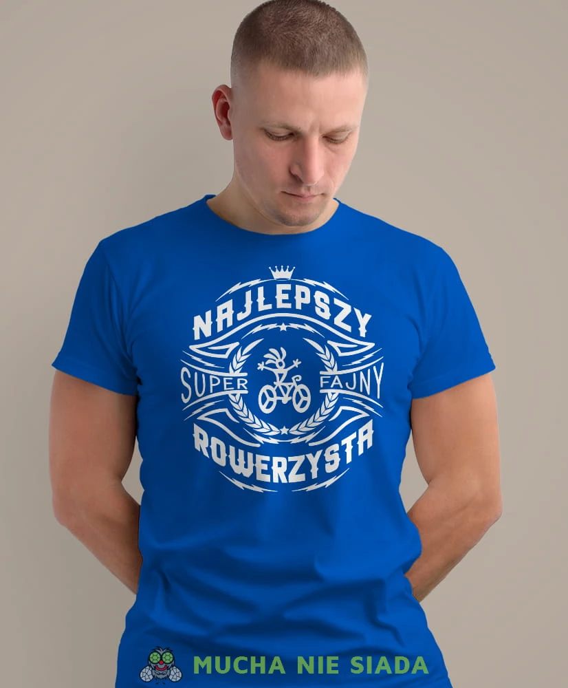 najlepszy super fajny rowerzysta, niebieska męska koszulka rowerowa z nadrukiem, na rower, na co dzień, na prezent, fajna koszulka dla chłopaka, rower, rowerzysta.jpg
