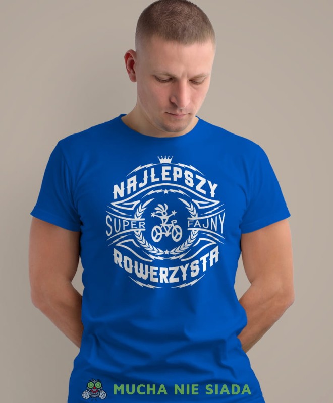 najlepszy super fajny rowerzysta, niebieska męska koszulka rowerowa z nadrukiem, na rower, na co dzień, na prezent, fajna koszulka dla chłopaka, rower, rowerzysta.jpg