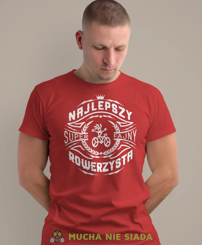 najlepszy super fajny rowerzysta, czerwona męska koszulka rowerowa z nadrukiem, na rower, na co dzień, na prezent, fajna koszulka dla chłopaka, rower, rowerzysta.jpg