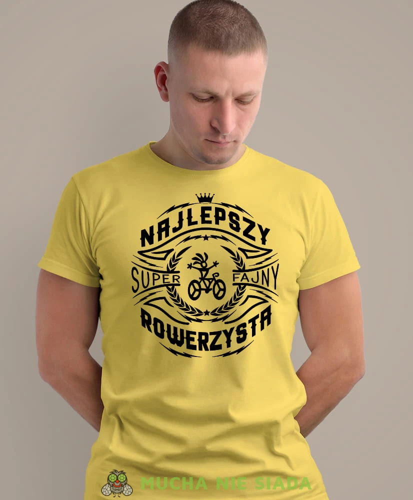 najlepszy super fajny rowerzysta, żółta męska koszulka rowerowa z nadrukiem, na rower, na co dzień, na prezent, fajna koszulka dla chłopaka, rower, rowerzysta.jpg