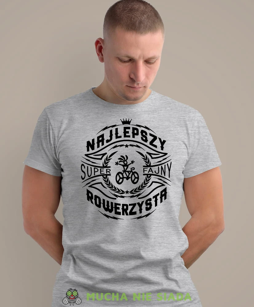 najlepszy super fajny rowerzysta, szara męska koszulka rowerowa z nadrukiem, na rower, na co dzień, na prezent, fajna koszulka dla chłopaka, rower, rowerzysta.jpg