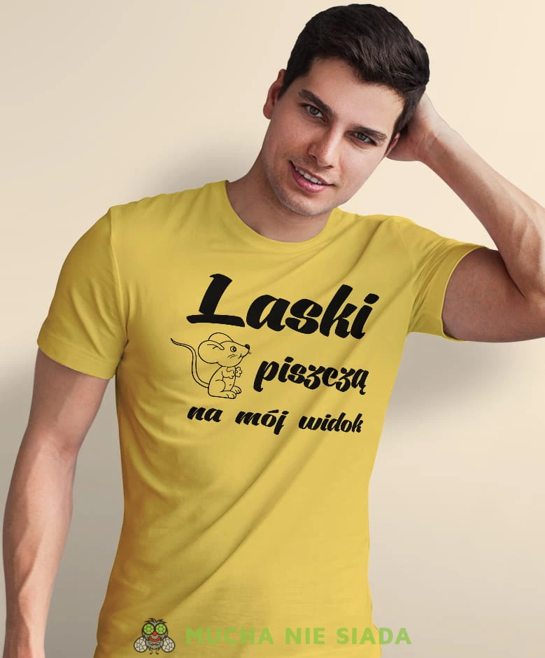laski piszczą na mój widok, żółta męska koszulka z nadrukiem na co dzień, na prezent, fajna koszulka, dla męża, dla chłopaka.jpg