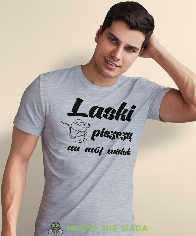 laski piszczą na mój widok, szara męska koszulka z nadrukiem na co dzień, na prezent, fajna koszulka, dla męża, dla chłopaka.jpg