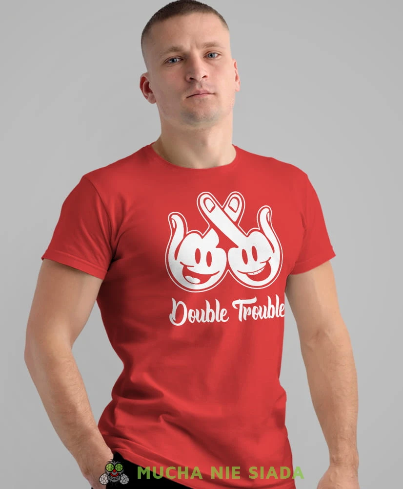 double trouble, czerwona męska koszulka z nadrukiem na co dzień, na prezent, fajna koszulka, dla męża, dla chłopaka.jpg