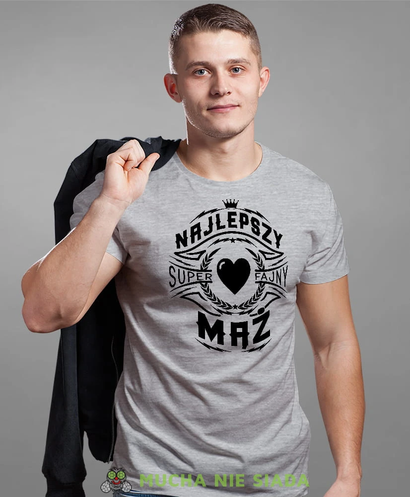 najlepszy super fajny mąż, szara męska koszulka z nadrukiem dla męża, na co dzień, na prezent, fajna koszulka.jpg