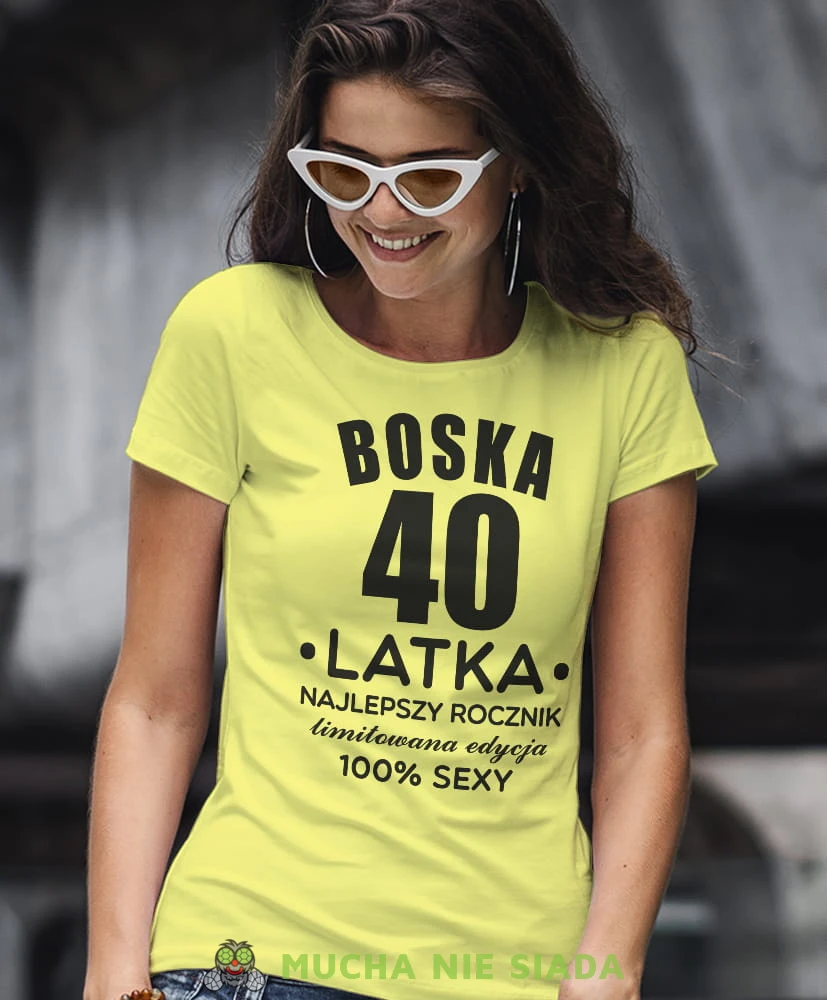 boska limitowana edycja 100% sexy, żółta damska koszulka urodzinowa z nadrukiem, na urodziny, na prezent.jpg
