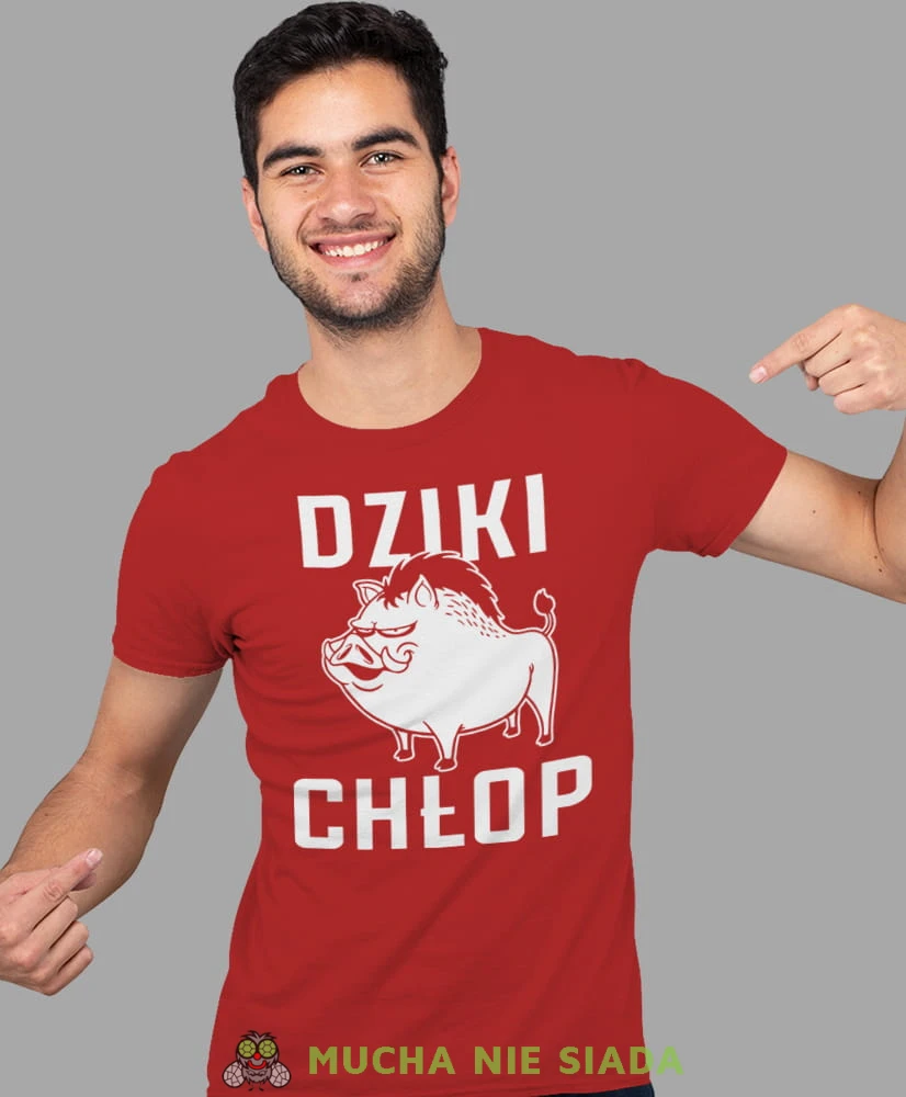 dziki chłop, czerwona męska koszulka z nadrukiem na co dzień, na prezent, fajna koszulka.jpg
