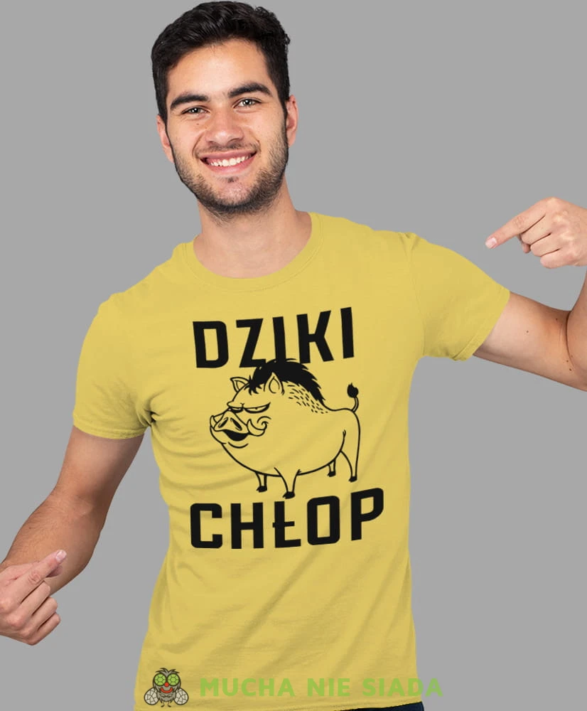 dziki chłop, żółta męska koszulka z nadrukiem na co dzień, na prezent, fajna koszulka.jpg