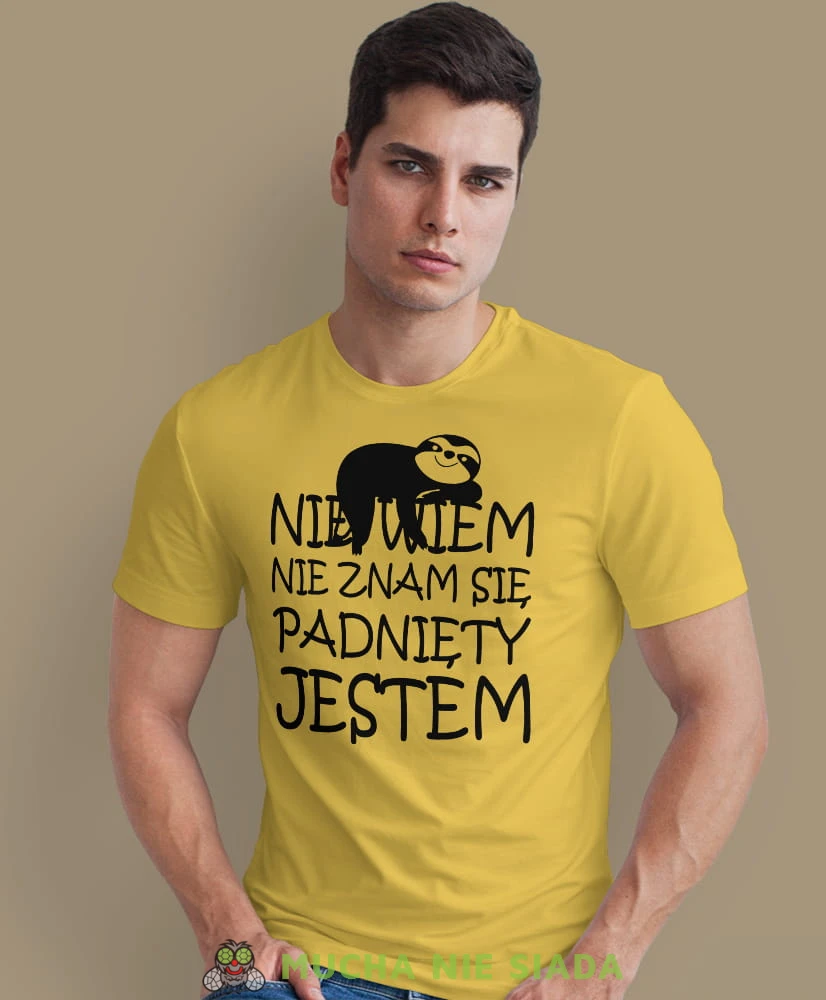 nie wiem nie znam się padnięty jestem, żółta męska koszulka z nadrukiem na co dzień, na prezent, fajna koszulka.jpg