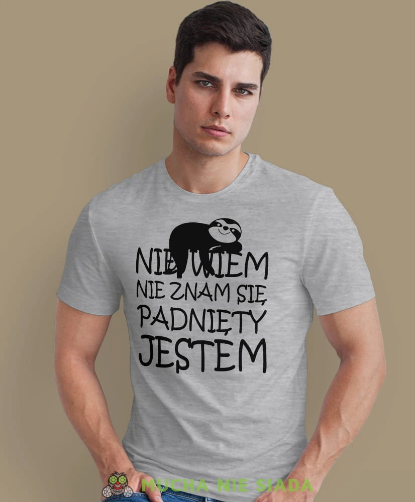 nie wiem nie znam się padnięty jestem, szara męska koszulka z nadrukiem na co dzień, na prezent, fajna koszulka.jpg