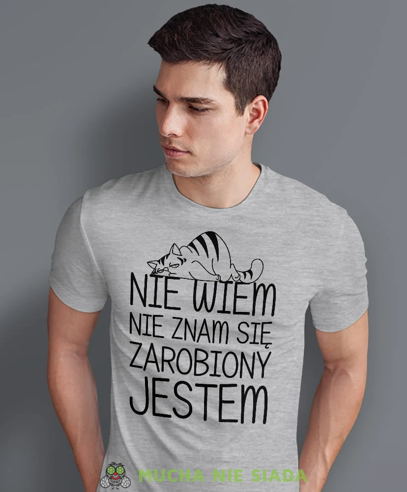 nie wiem nie znam się zarobiony jestem, szara męska koszulka z nadrukiem na co dzień, na prezent, fajna koszulka.jpg