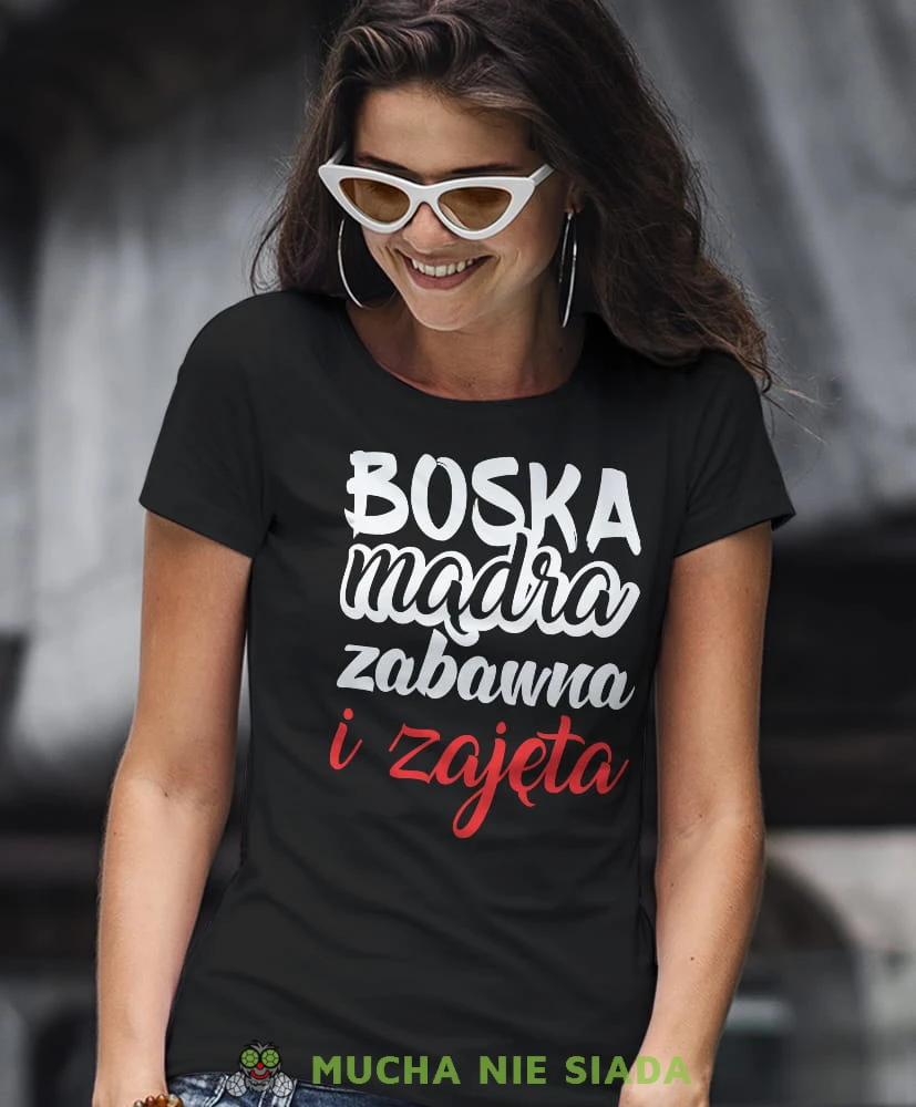 boska mądra zabawna i zajęta, czarna damska koszulka z nadrukiem na prezent, fajna koszulka, dla dziewczyny dla żony.jpg