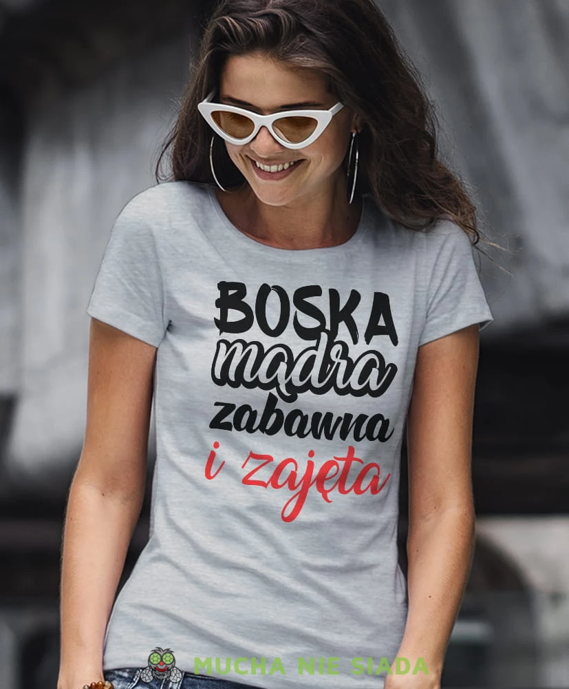 boska mądra zabawna i zajęta, szara damska koszulka z nadrukiem na prezent, fajna koszulka, dla dziewczyny dla żony.jpg