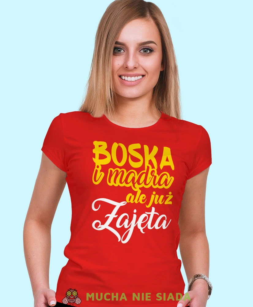 boska mądra ale już zajęta, czerwona damska koszulka z nadrukiem na prezent, fajna koszulka, dla dziewczyny dla żony.jpg