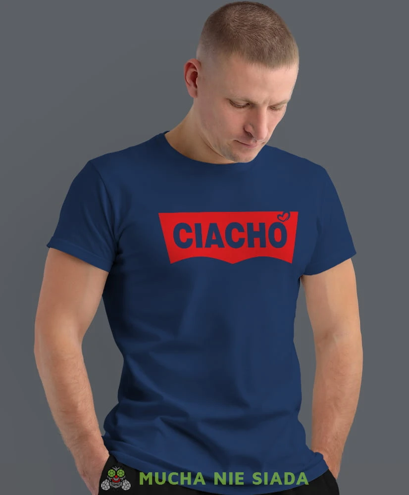 ciacho, granatowa męska koszulka z nadrukiem na co dzień, na prezent, fajna koszulka, dla chłopaka, dla męża, dla kolegi, mucha nie siada.jpg