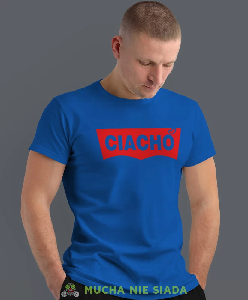 ciacho, niebieska męska koszulka z nadrukiem na co dzień, na prezent, fajna koszulka, dla chłopaka, dla męża, dla kolegi, mucha nie siada.jpg