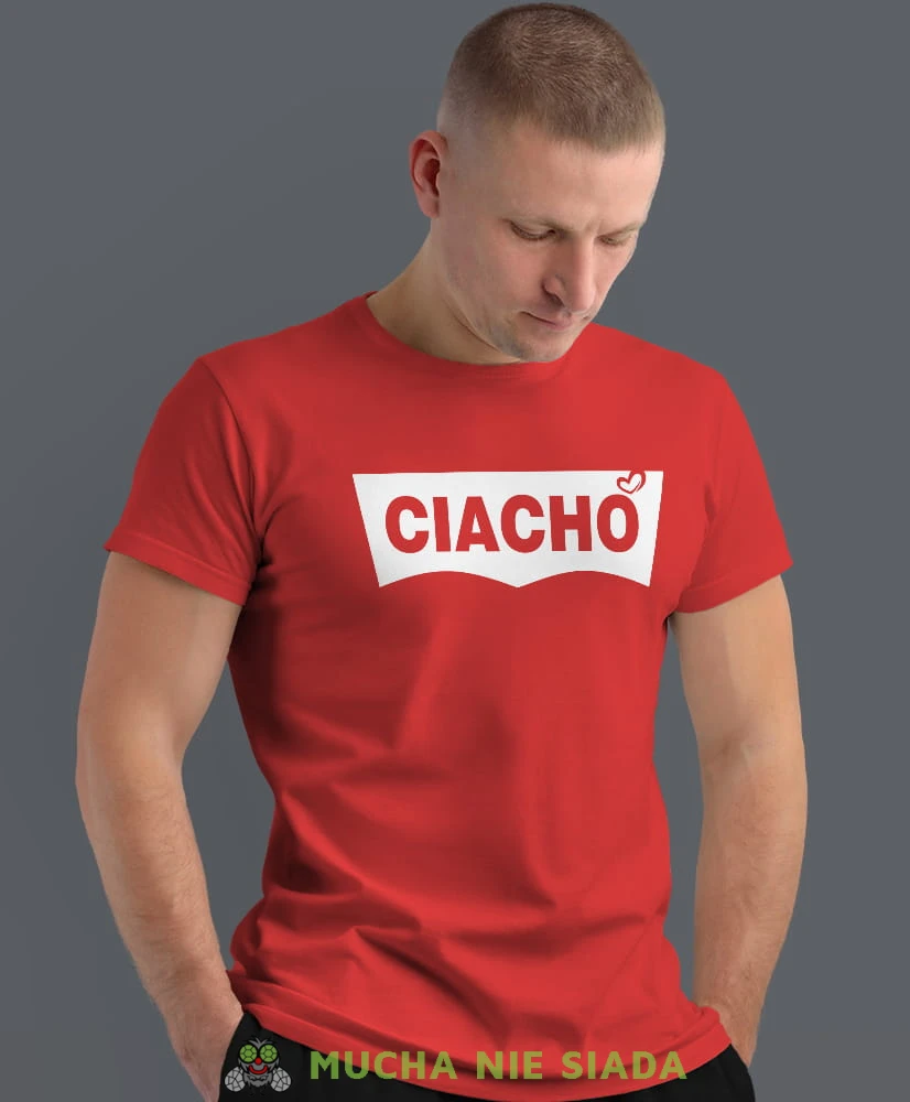 ciacho, czerwona męska koszulka z nadrukiem na co dzień, na prezent, fajna koszulka, dla chłopaka, dla męża, dla kolegi, mucha nie siada.jpg