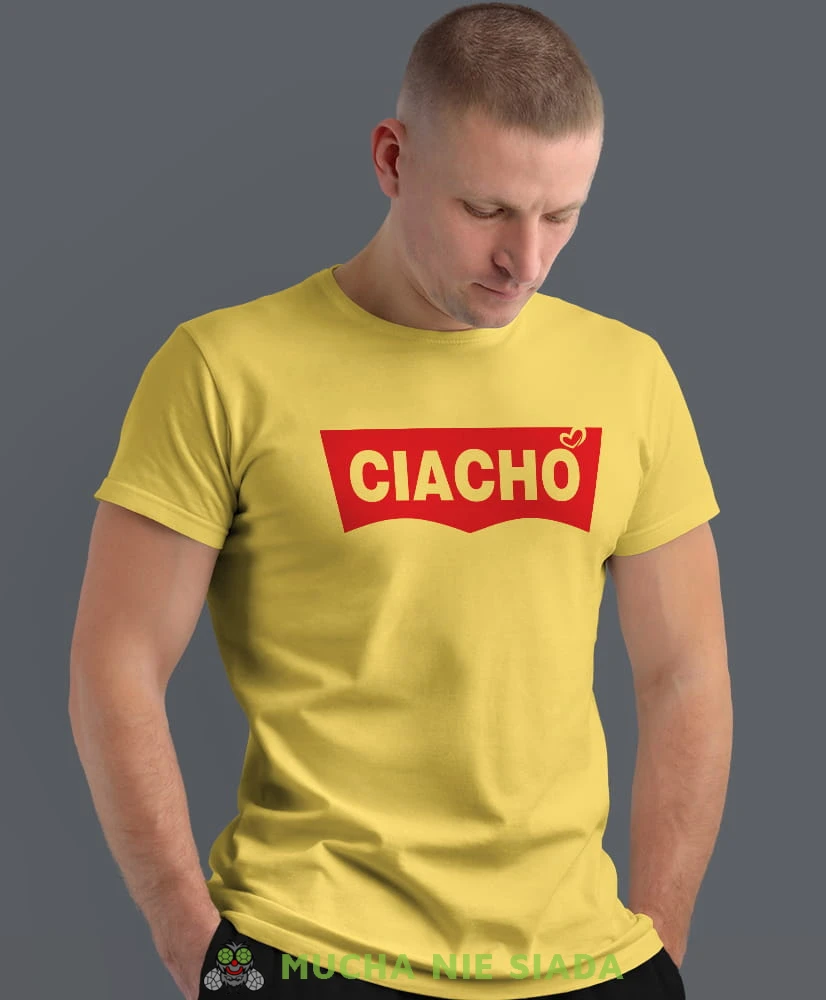 ciacho, żółta męska koszulka z nadrukiem na co dzień, na prezent, fajna koszulka, dla chłopaka, dla męża, dla kolegi, mucha nie siada.jpg