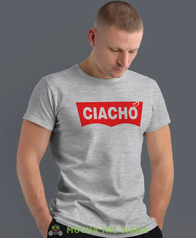ciacho, szara męska koszulka z nadrukiem na co dzień, na prezent, fajna koszulka, dla chłopaka, dla męża, dla kolegi, mucha nie siada.jpg