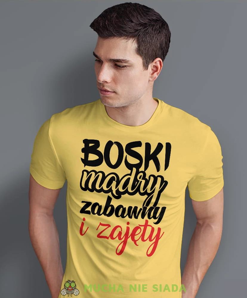 boski mądry zabawny i zajęty, żółta męska koszulka z nadrukiem na co dzień, na prezent, fajna koszulka, dla chłopaka, dla męża, dla kolegi, mucha nie siada.jpg
