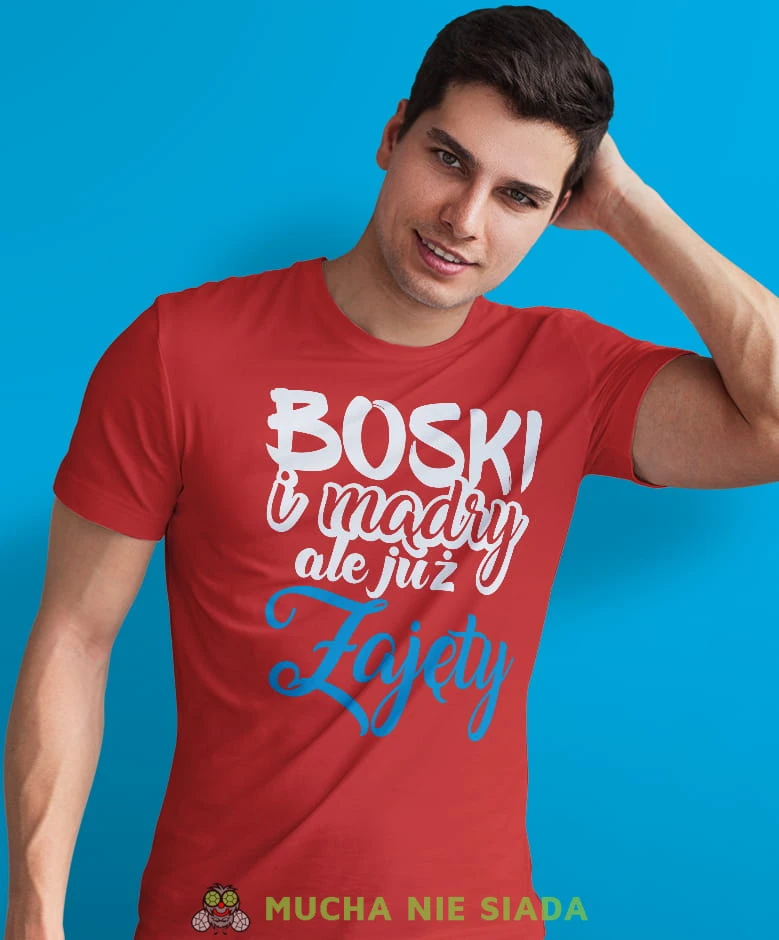 boski mądry ale już zajęty, czerwona męska koszulka z nadrukiem na co dzień, na prezent, fajna koszulka, dla chłopaka, dla męża, dla kolegi, mucha nie siada.jpg