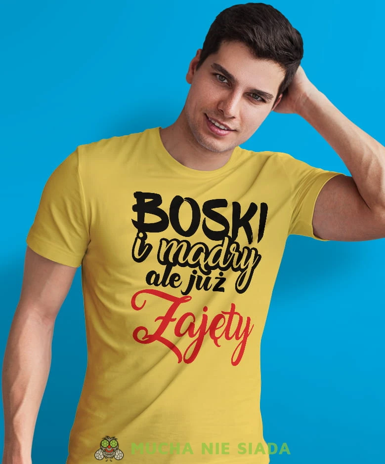 boski mądry ale już zajęty, żółta męska koszulka z nadrukiem na co dzień, na prezent, fajna koszulka, dla chłopaka, dla męża, dla kolegi, mucha nie siada.jpg