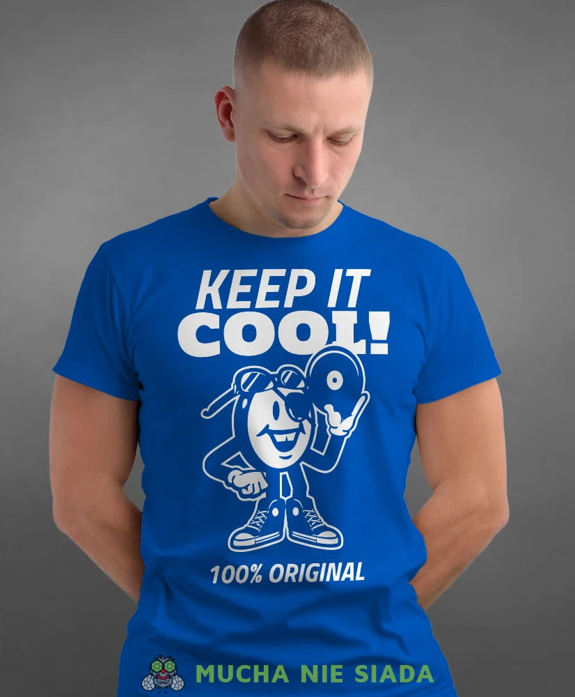 keep it cool, niebieska męska koszulka z nadrukiem na co dzień, na prezent, fajna koszulka.jpg