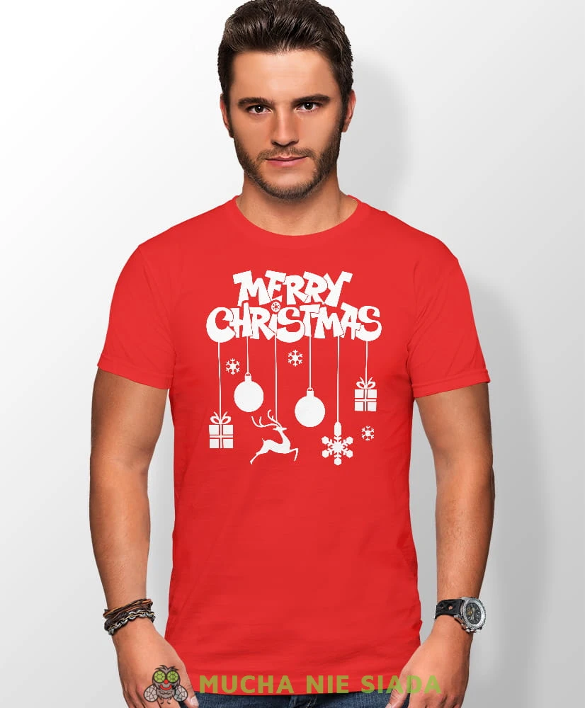 merry christmas, czerwona męska koszulka z nadrukiem na co dzień, na prezent, fajna koszulka, dla chłopaka, dla męża, mucha nie siada, koszulka świąteczna.jpg