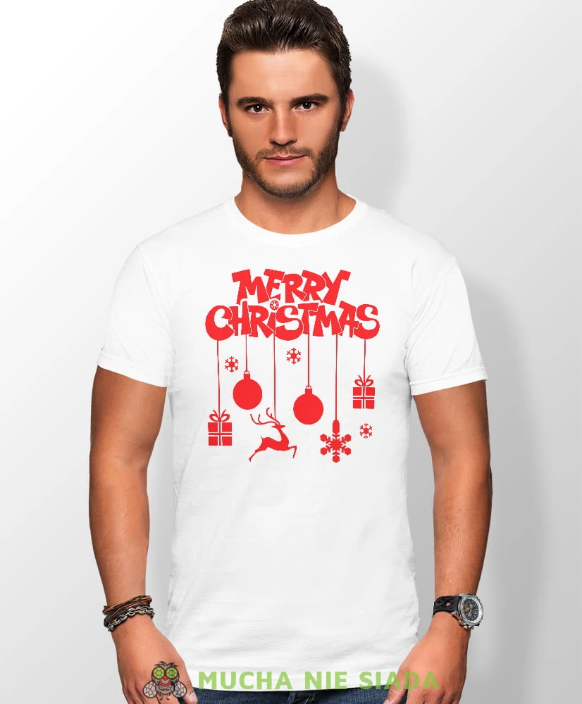 merry christmas, biała męska koszulka z nadrukiem na co dzień, na prezent, fajna koszulka, dla chłopaka, dla męża, mucha nie siada, koszulka świąteczna.jpg