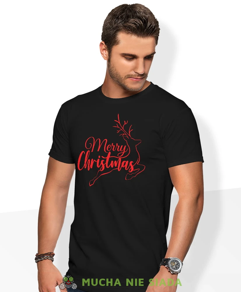 merry christmas renifer, czarna męska koszulka z nadrukiem na co dzień, na prezent, fajna koszulka, dla chłopaka, dla męża, mucha nie siada, koszulka świąteczna.jpg