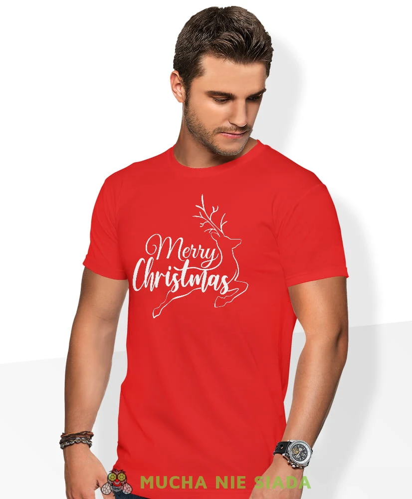 merry christmas renifer, czerwona męska koszulka z nadrukiem na co dzień, na prezent, fajna koszulka, dla chłopaka, dla męża, mucha nie siada, koszulka świąteczna.jpg