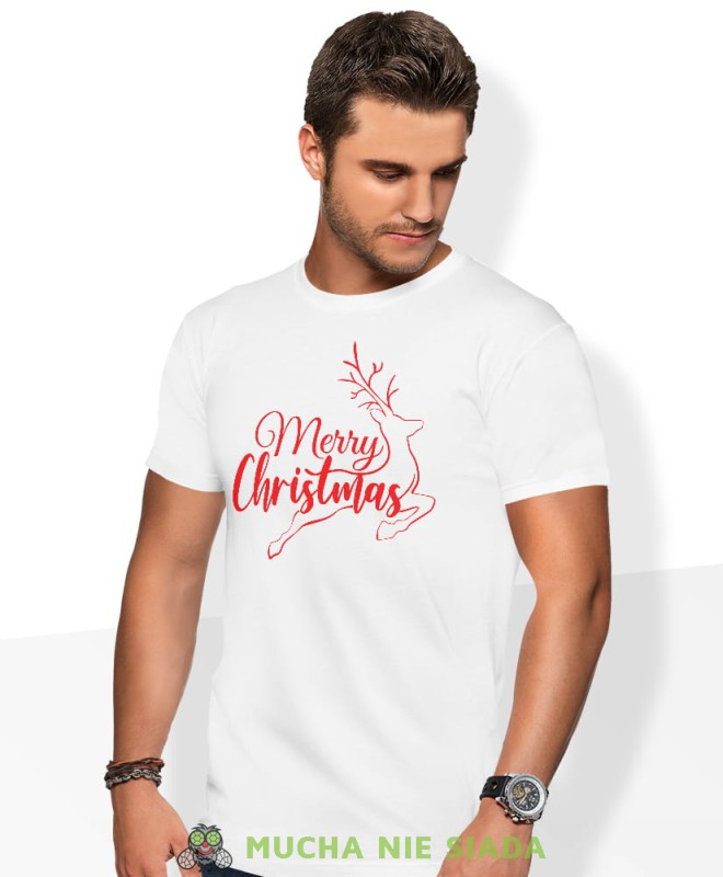 merry christmas renifer, biała męska koszulka z nadrukiem na co dzień, na prezent, fajna koszulka, dla chłopaka, dla męża, mucha nie siada, koszulka świąteczna.jpg