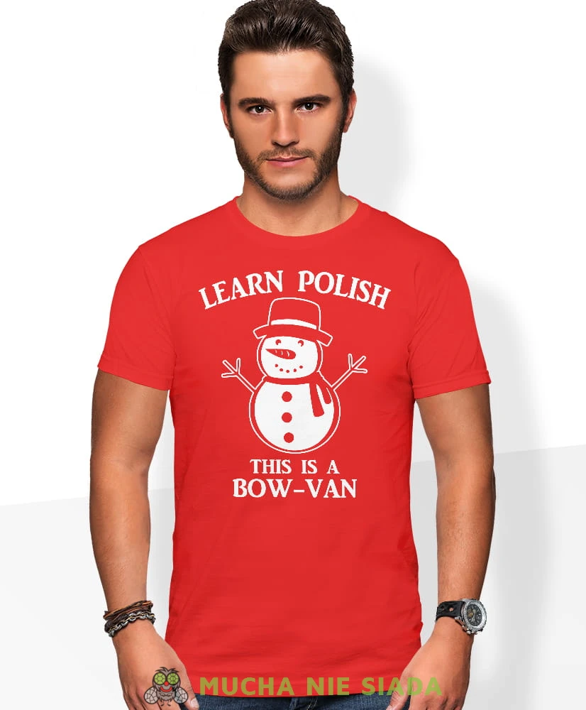 learn polish this is a bow van, czerwona męska koszulka z nadrukiem na co dzień, na prezent, fajna koszulka, dla chłopaka, dla męża, mucha nie siada, koszulka świąteczna.jpg